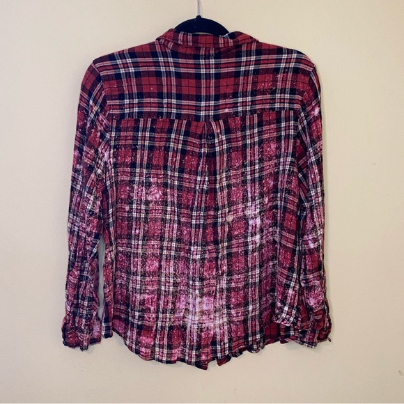 Hand Bleached DIY Custom Made Red Black Plaid Button Down Flannel Women’s - Picture 4 of 8